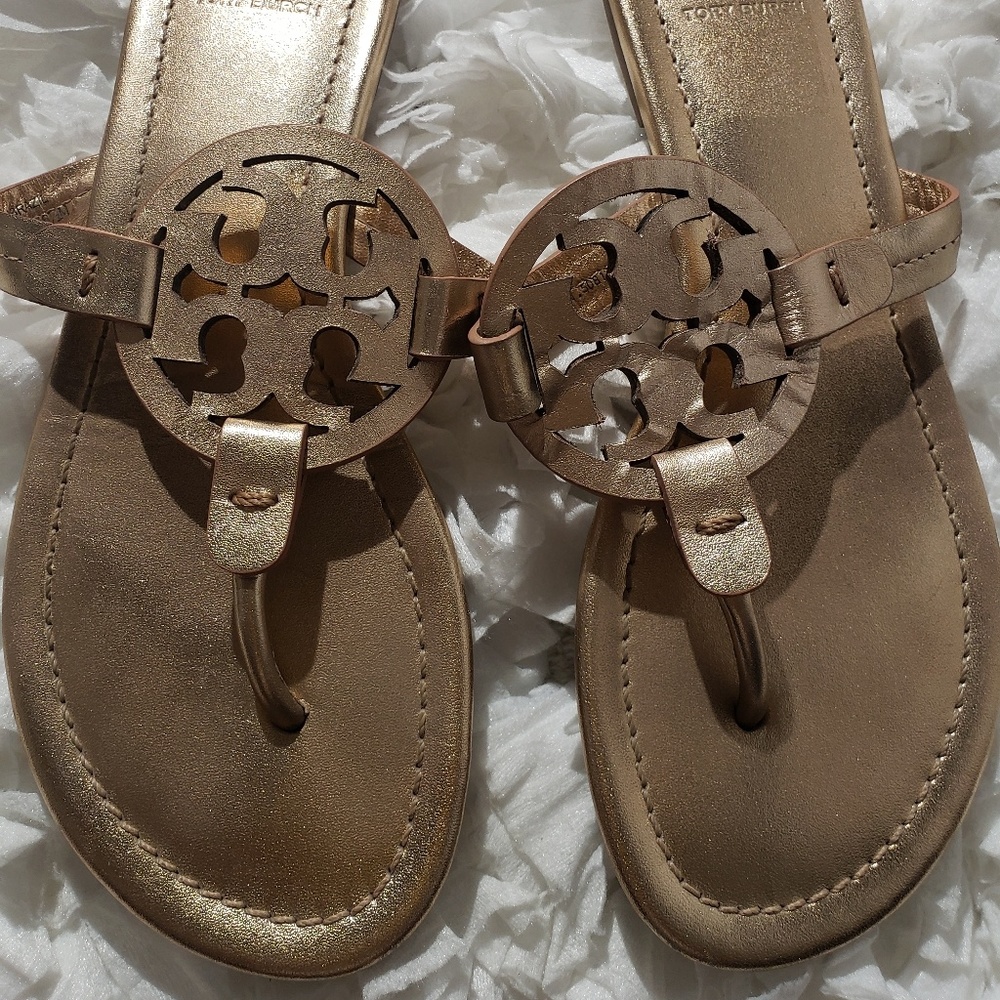 Tory Burch Miller Flat Leather Logo Slide Metalic